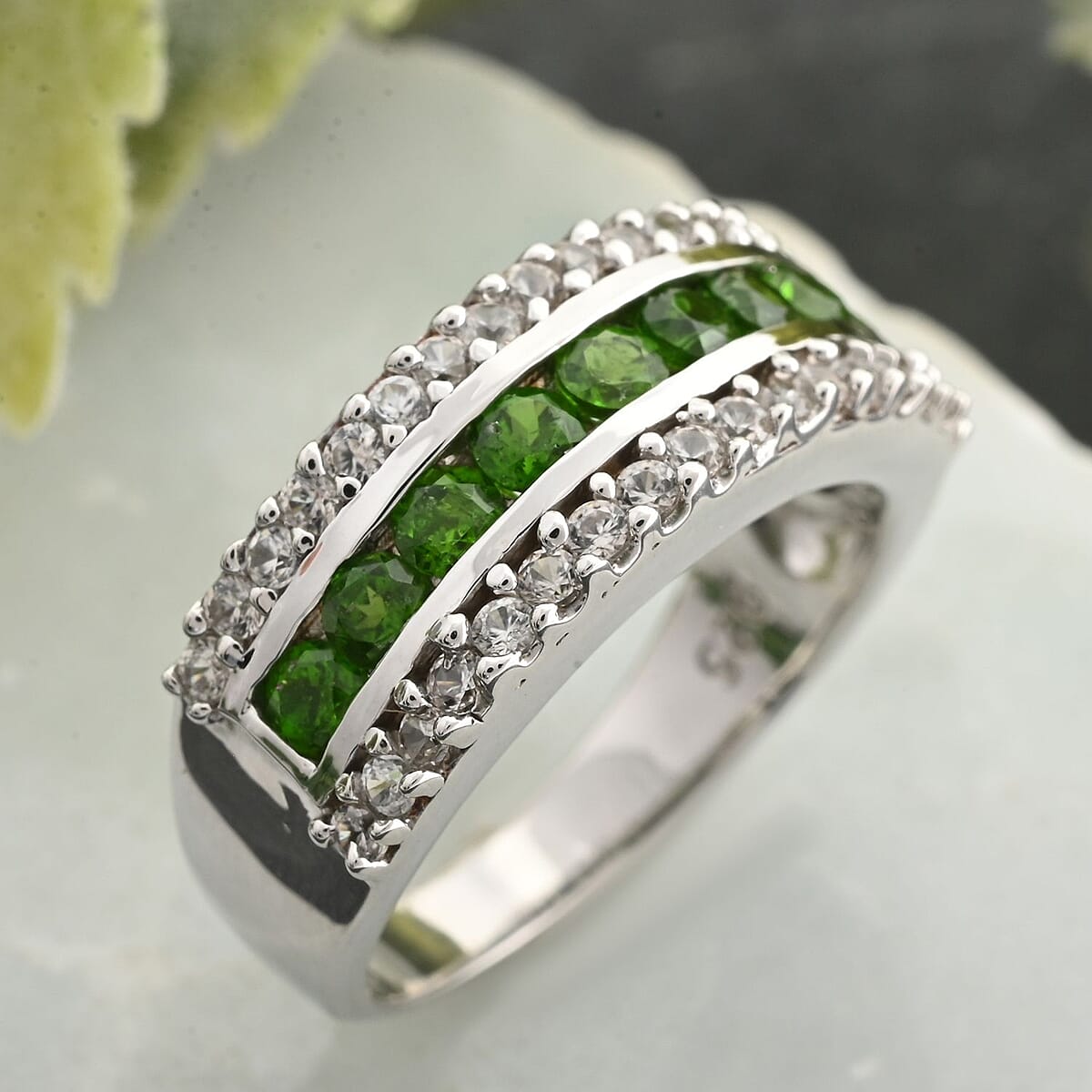 AAA Chrome Diopside and White Zircon Ring in Platinum Over Sterling Silver (Size 6.0) 1.50 ctw image number 1