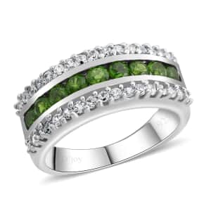 AAA Chrome Diopside and White Zircon Ring in Platinum Over Sterling Silver (Size 9.0) 1.50 ctw