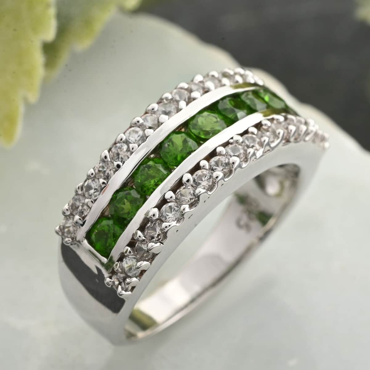 AAA Chrome Diopside and White Zircon Ring in Platinum Over Sterling Silver (Size 9.0) 1.50 ctw image number 1