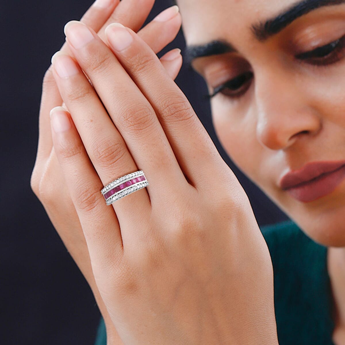 AAA Niassa Ruby (FF) and White Zircon Ring in Platinum Over Sterling Silver (Size 8.0) 1.90 ctw image number 2