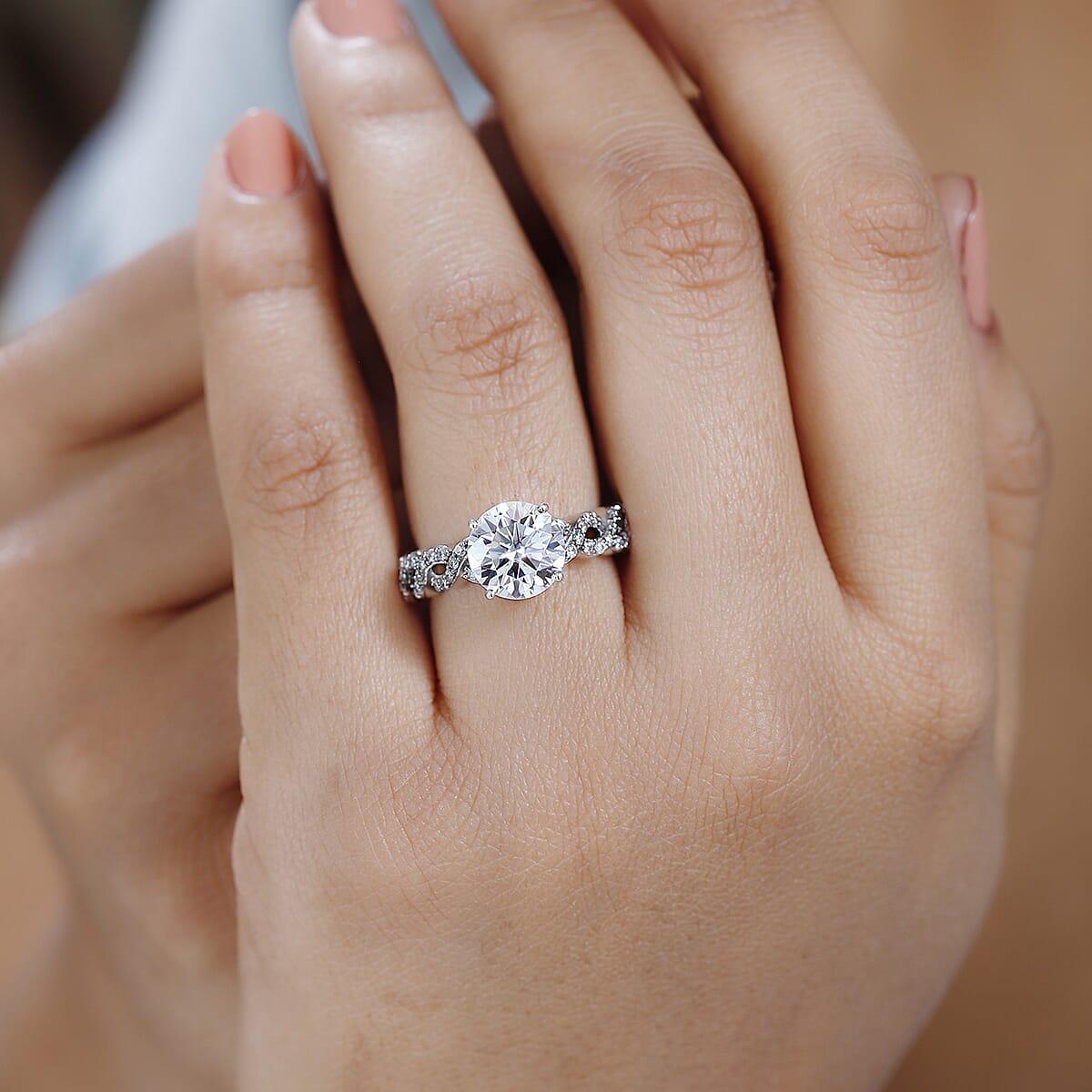 Moissanite (Rnd 9mm) Ring in Platinum Over Sterling Silver (Size 10.0) 3.00 ctw image number 3