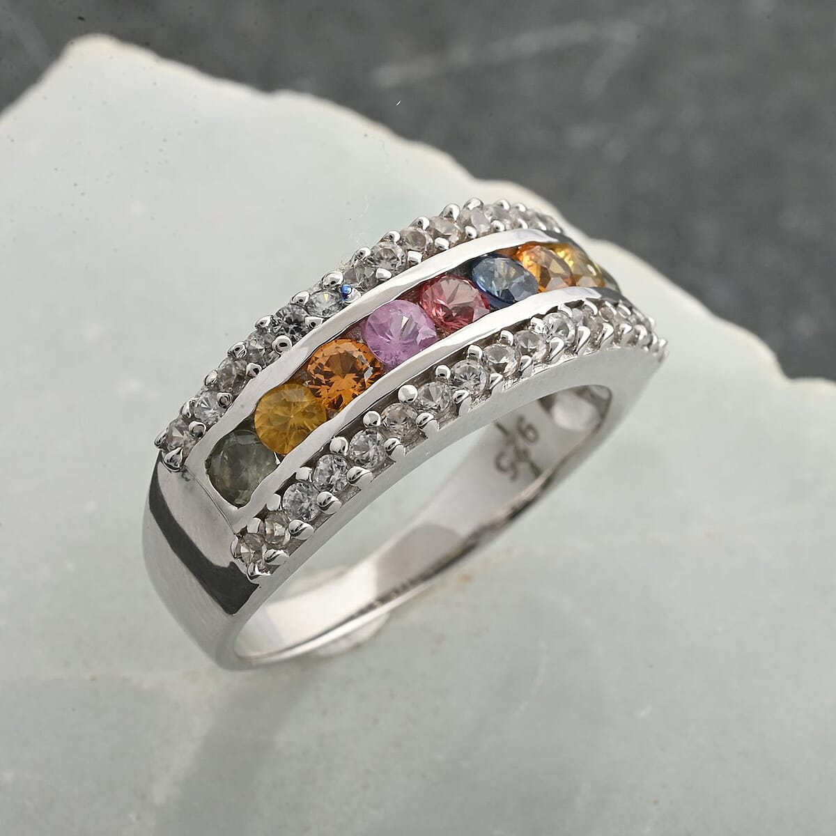 AAA Multi Sapphire and White Zircon Ring in Platinum Over Sterling Silver (Size 10.0) 1.70 ctw image number 1