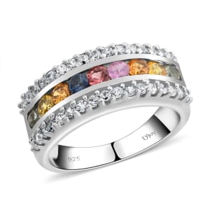 AAA Multi Sapphire and White Zircon Ring in Platinum Over Sterling Silver (Size 6.0) 1.70 ctw