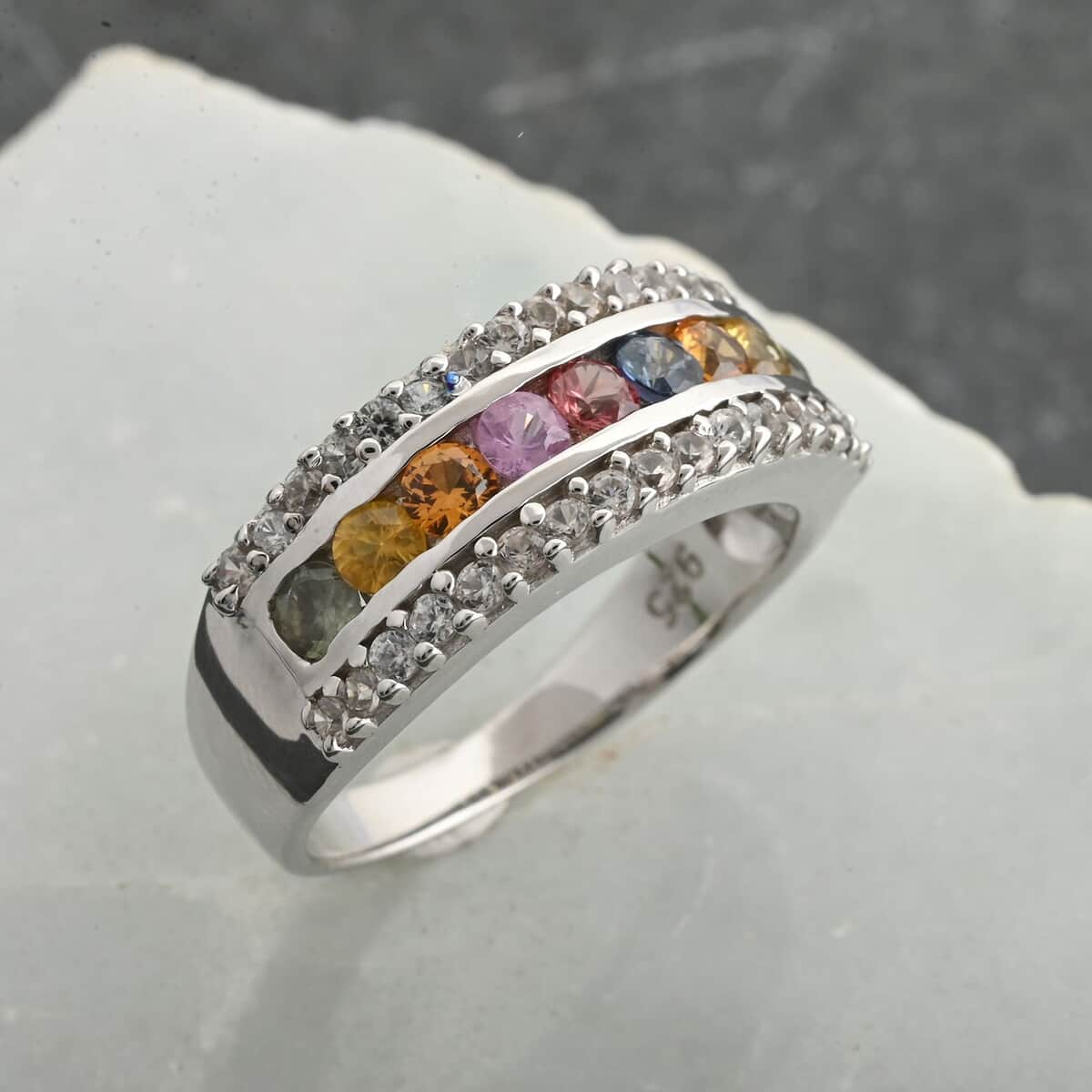 AAA Multi Sapphire and White Zircon Ring in Platinum Over Sterling Silver (Size 6.0) 1.70 ctw image number 1