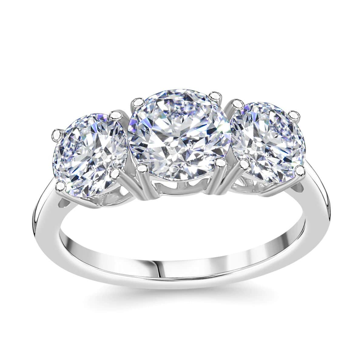 One Time Only Moissanite (Rnd 7mm) 3 Stone Ring in Platinum Over Sterling Silver (Size 10.0) 2.85 ctw image number 0
