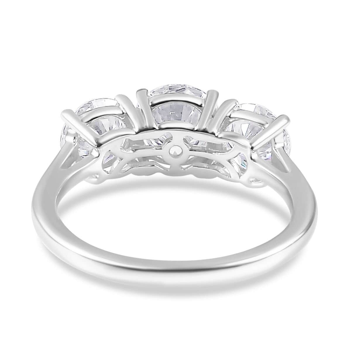 One Time Only Moissanite (Rnd 7mm) 3 Stone Ring in Platinum Over Sterling Silver (Size 10.0) 2.85 ctw image number 4