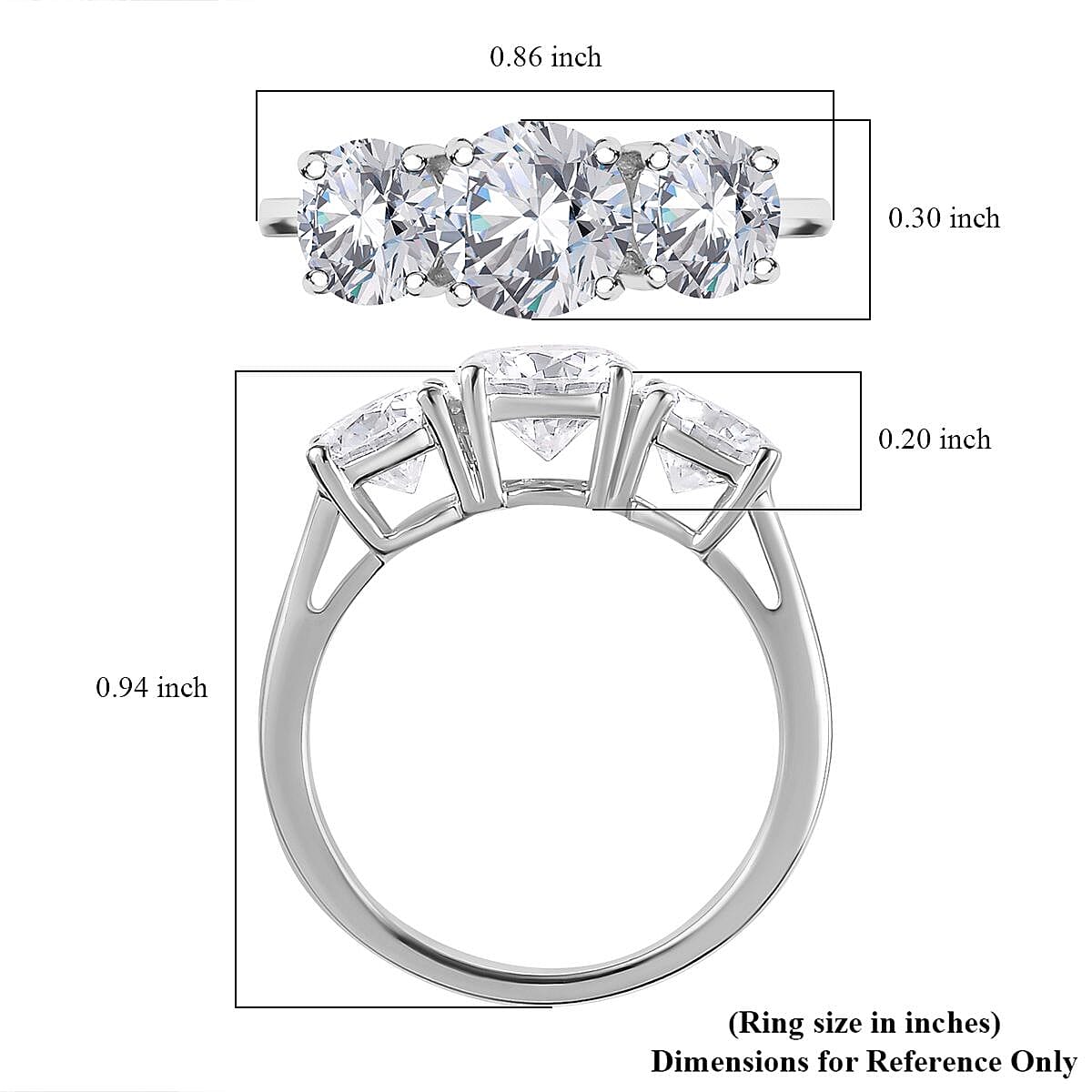 Moissanite 3 Stone Ring in Platinum Over Sterling Silver (Size 10.0) 2.85 ctw