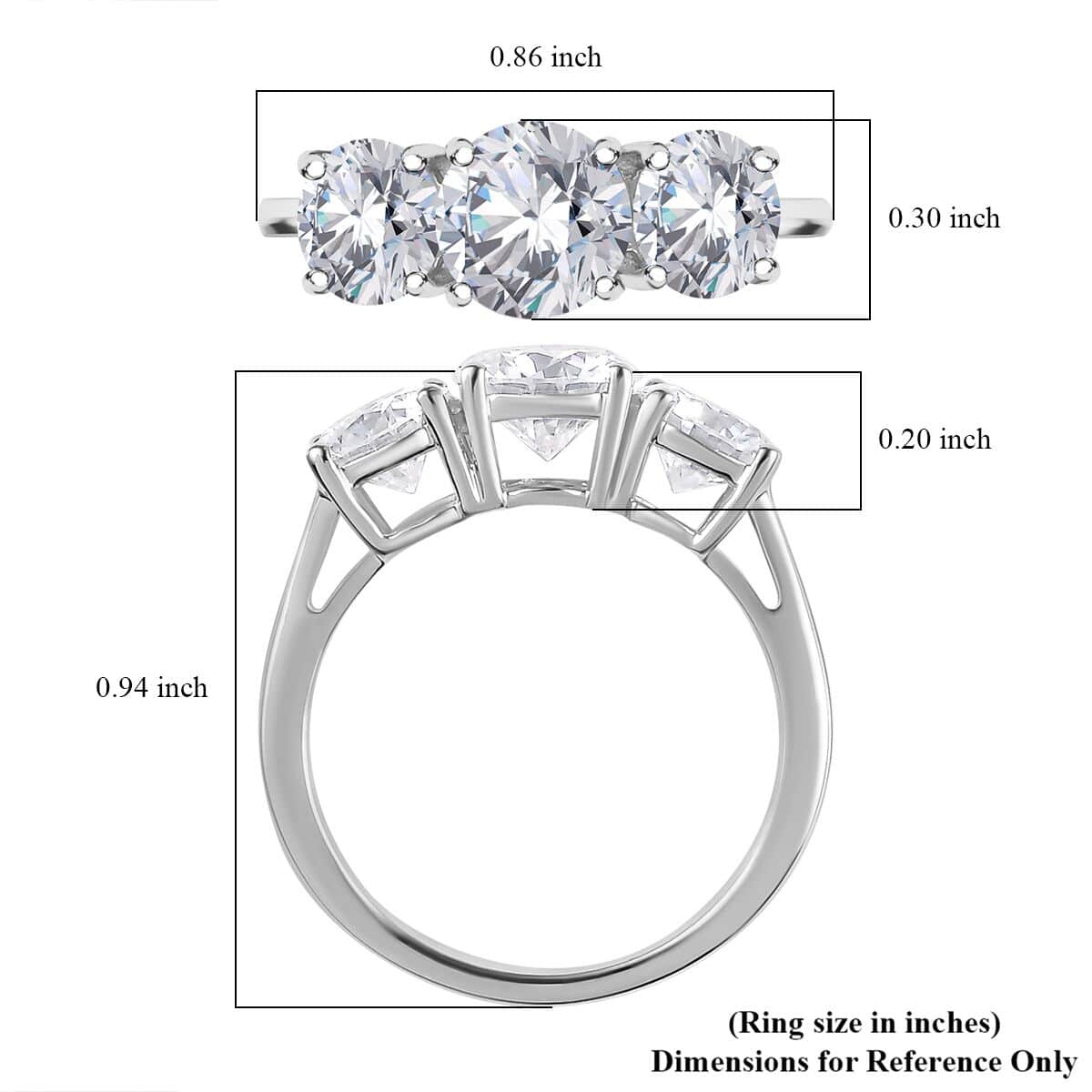 One Time Only Moissanite (Rnd 7mm) 3 Stone Ring in Platinum Over Sterling Silver (Size 10.0) 2.85 ctw image number 5