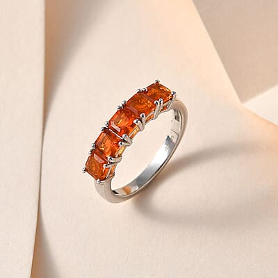 Asscher Cut Crimson Fire Opal 5 Stone Ring in Platinum Over Sterling Silver (Size 10.0) 1.15 ctw