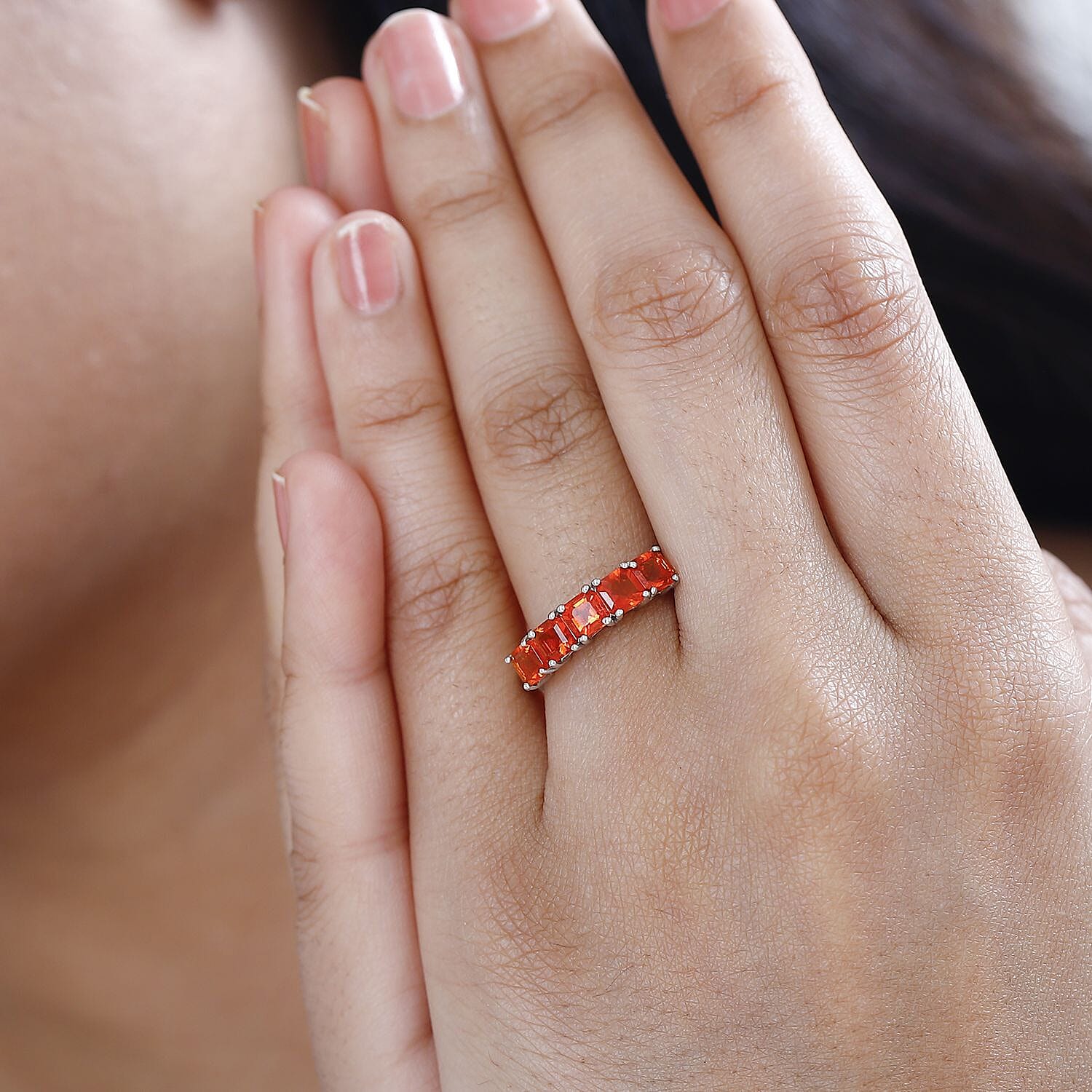 Asscher Cut Crimson Fire Opal 5 Stone Ring in Platinum Over Sterling Silver (Size 10.0) 1.15 ctw