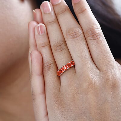 Asscher Cut Crimson Fire Opal 5 Stone Ring in Platinum Over Sterling Silver (Size 10.0) 1.15 ctw