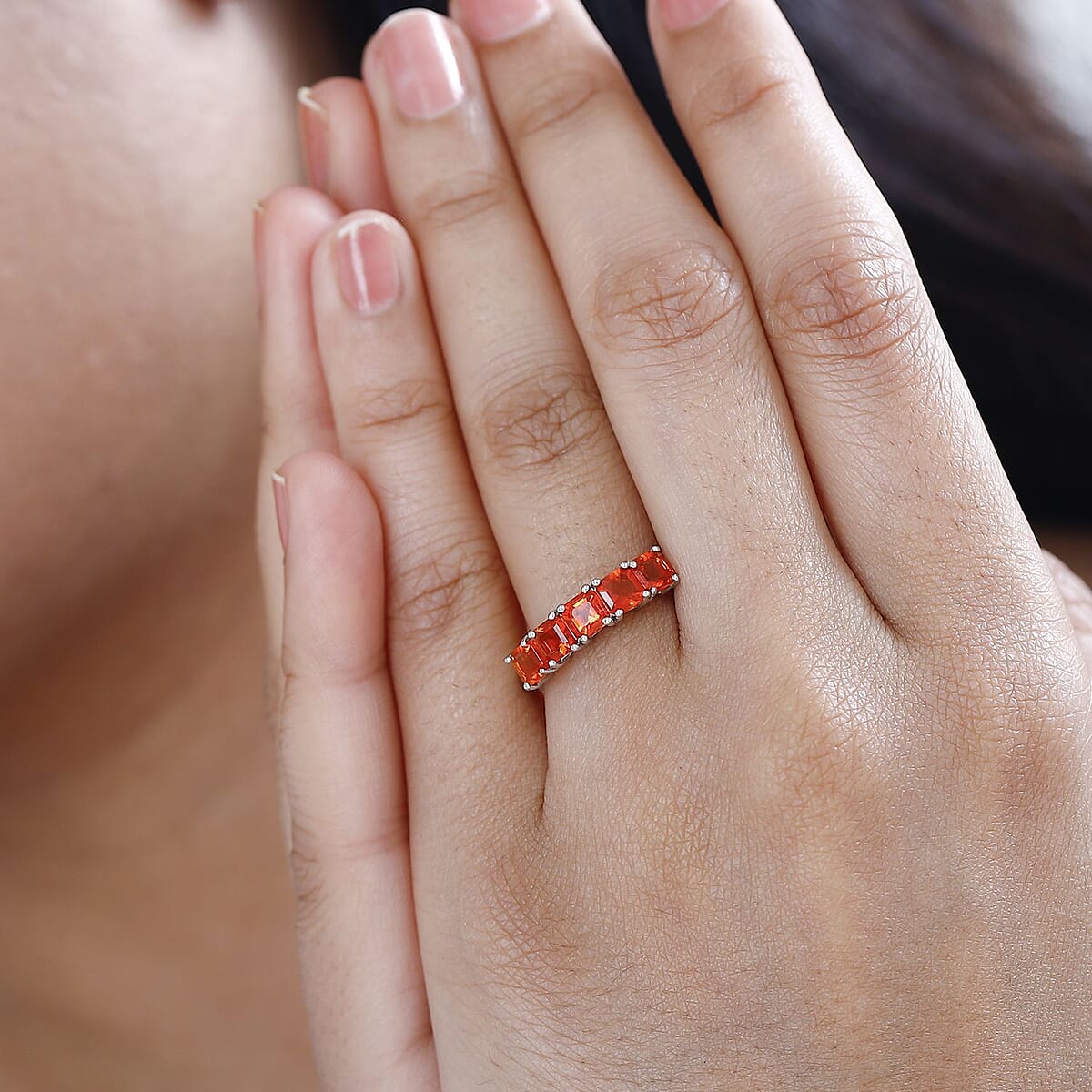 Asscher Cut Crimson Fire Opal Ring in Platinum Over Sterling Silver (Size 7.0) 1.15 ctw image number 2