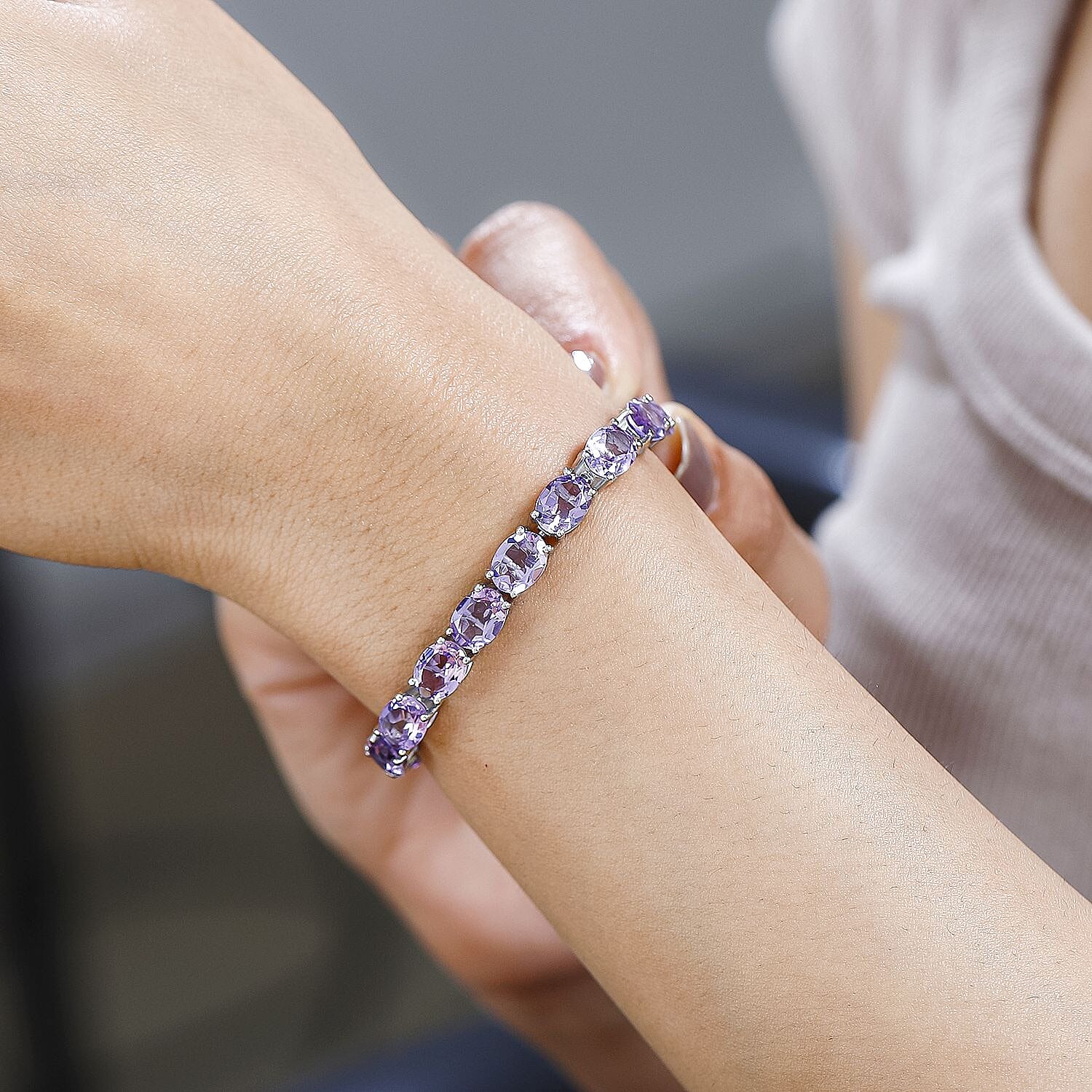 Premium Rose De France Amethyst Tennis Bracelet in Platinum Over Sterling Silver (7.25 In) 22.90 ctw