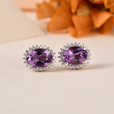 Premium Rose De France Amethyst and White Zircon Halo Stud Earrings in Platinum Over Sterling Silver 2.60 ctw