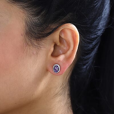 Premium Rose De France Amethyst and White Zircon Halo Stud Earrings in Platinum Over Sterling Silver 2.60 ctw