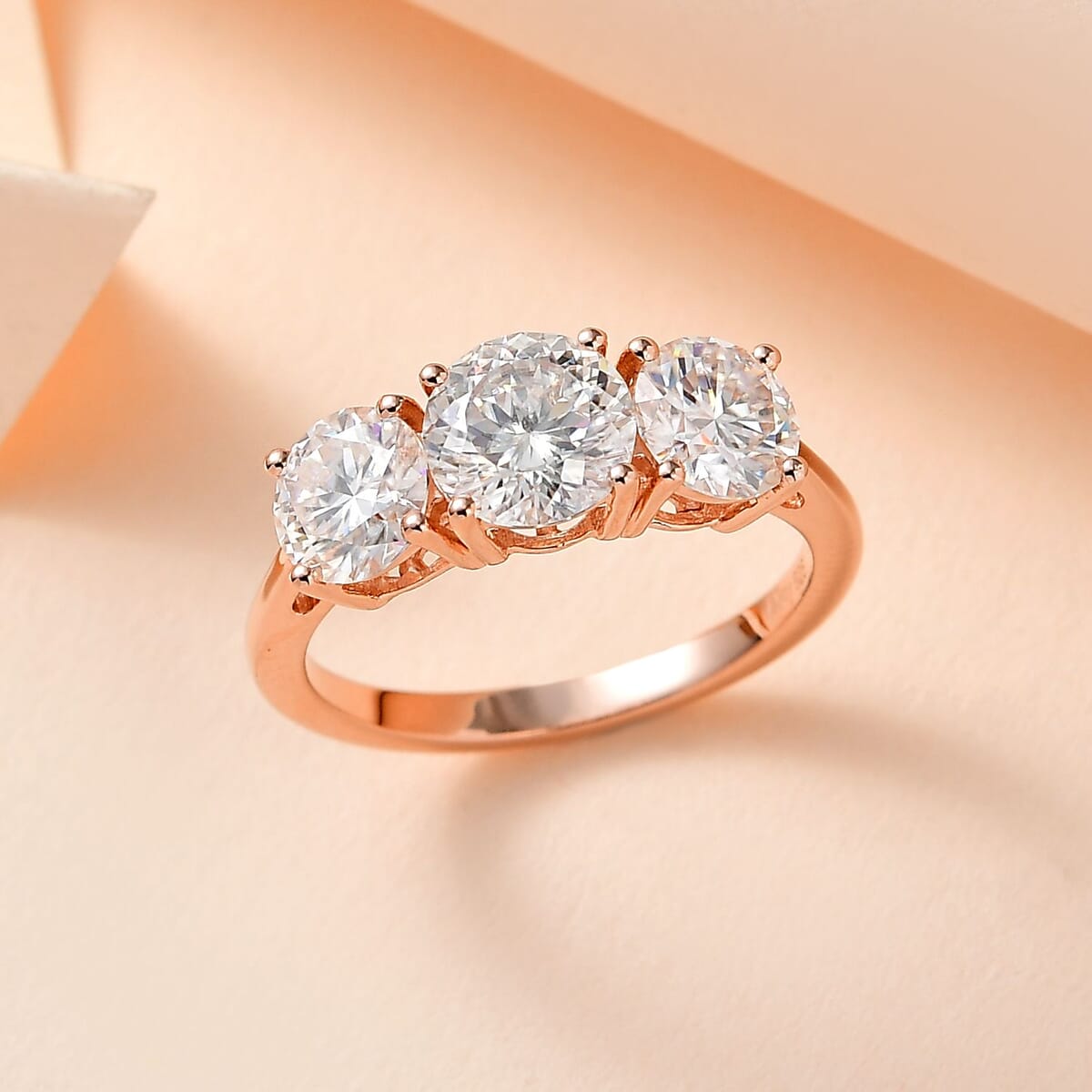 Moissanite 3 Stone Ring in Vermeil Rose Gold Over Sterling Silver (Size 6.0) 2.85 ctw image number 1