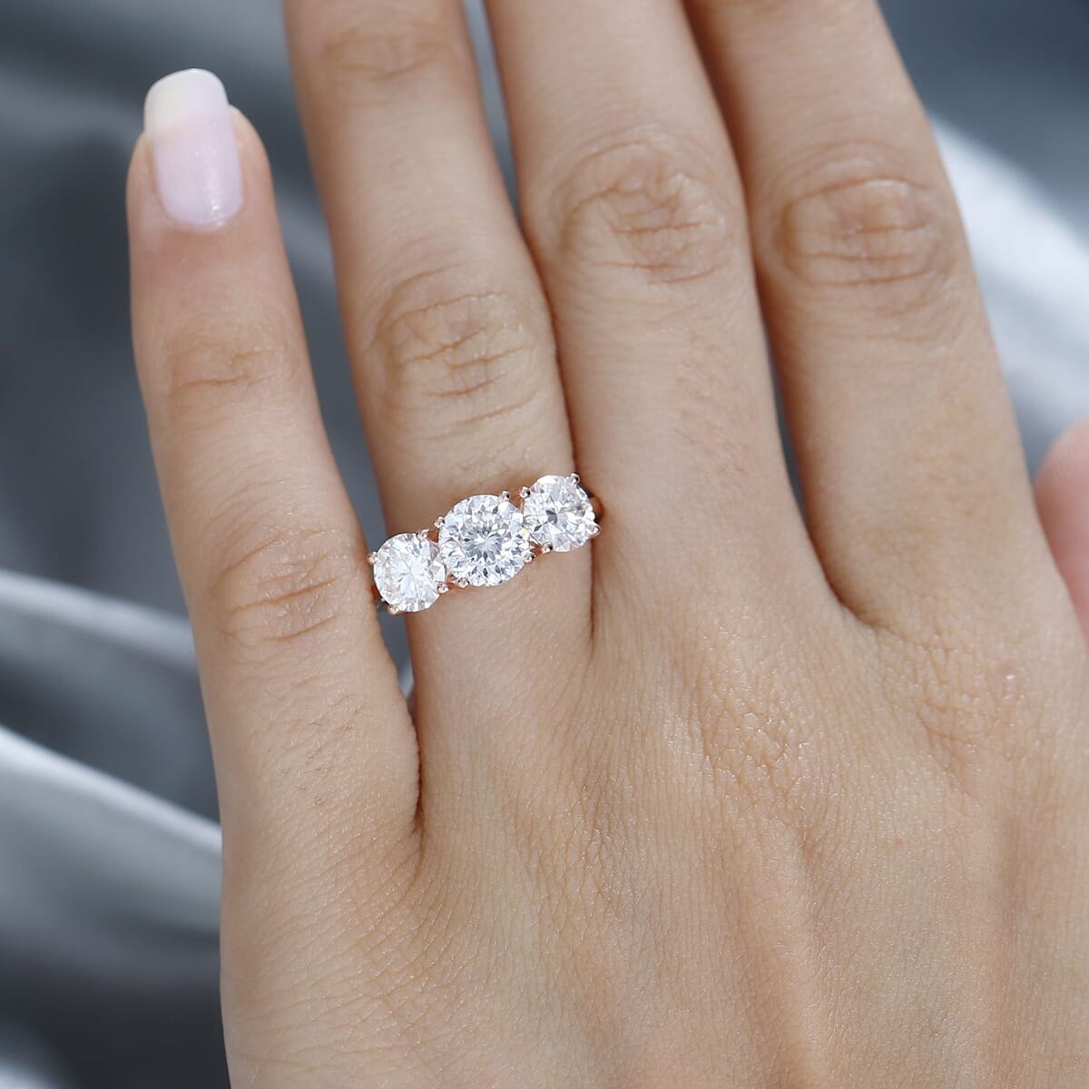 Moissanite 3 Stone Ring in Vermeil Rose Gold Over Sterling Silver (Size 6.0) 2.85 ctw image number 2
