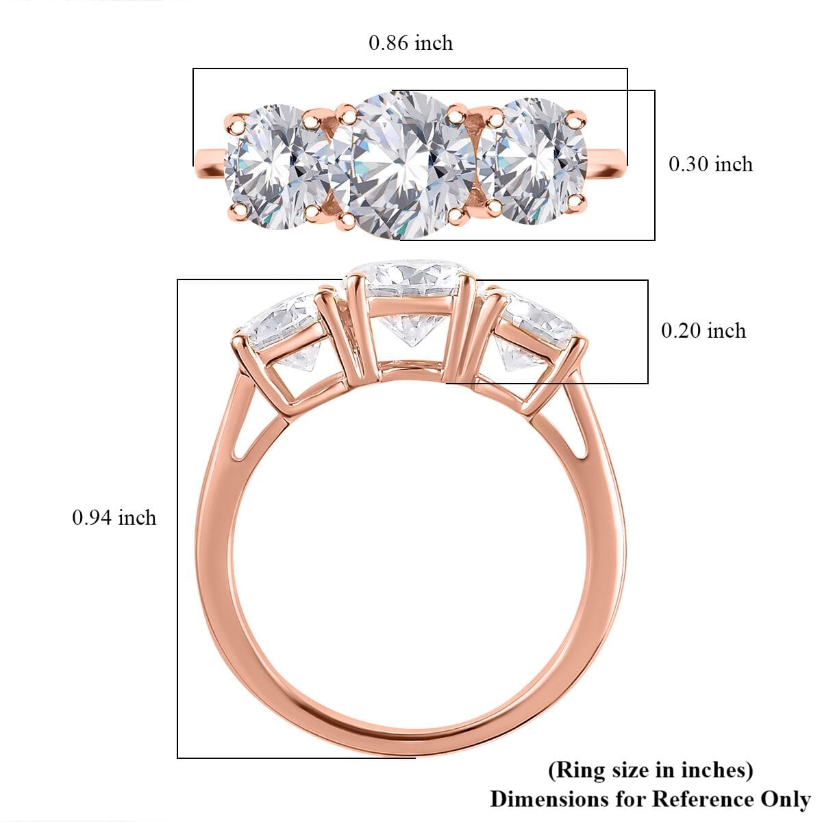 Moissanite 3 Stone Ring in Vermeil Rose Gold Over Sterling Silver (Size 6.0) 2.85 ctw image number 5