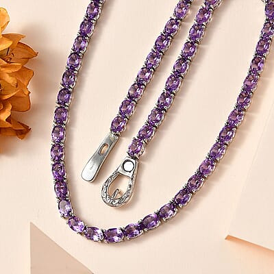 Premium Rose De France Amethyst Tennis Necklace 18 Inches in Platinum Over Sterling Silver 43.90 ctw