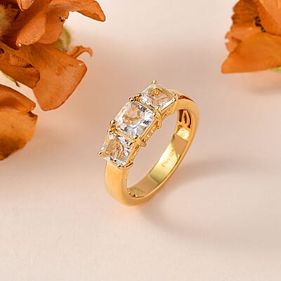 Asscher Cut Premium Mexican Hyalite Opal 3 Stone Ring in Vermeil Yellow Gold Over Sterling Silver (Size 10.0) with Free UV Flash Light 1.75 ctw