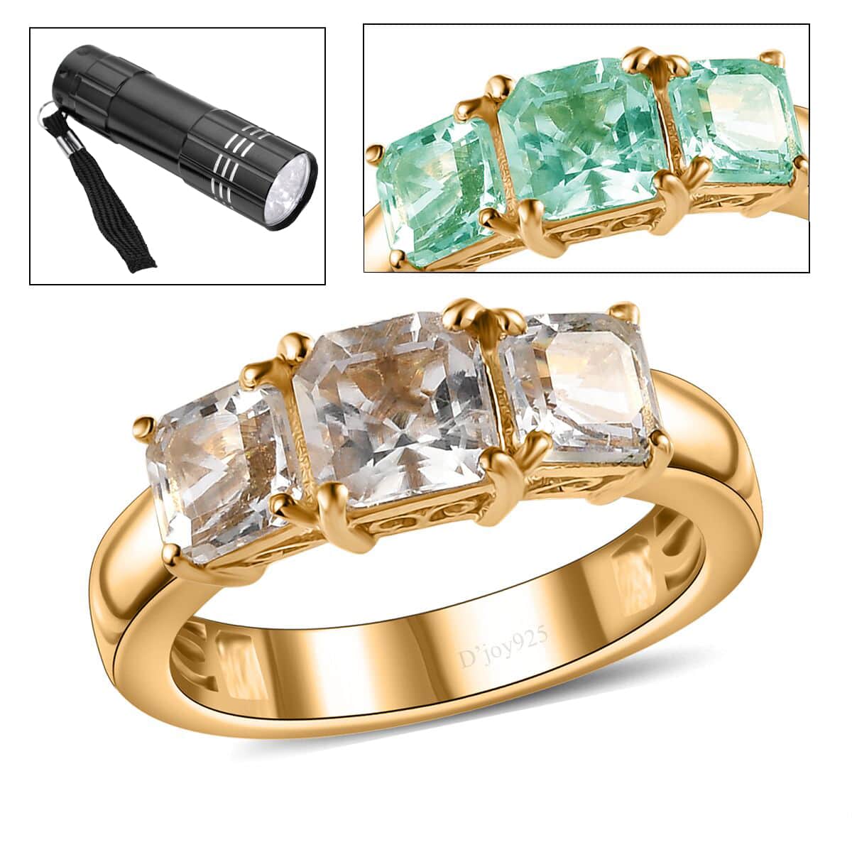 Asscher Cut Premium Mexican Hyalite Opal 3 Stone Ring in Vermeil Yellow Gold Over Sterling Silver (Size 8.0) with Free UV Flash Light 1.75 ctw image number 0