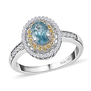 D'Joy Premium Aqua Kyanite and Multi Gemstone Double Halo Ring in Platinum Over Sterling Silver (Size 5.0) 1.35 ctw
