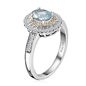 D'Joy Premium Aqua Kyanite and Multi Gemstone Double Halo Ring in Platinum Over Sterling Silver (Size 5.0) 1.35 ctw