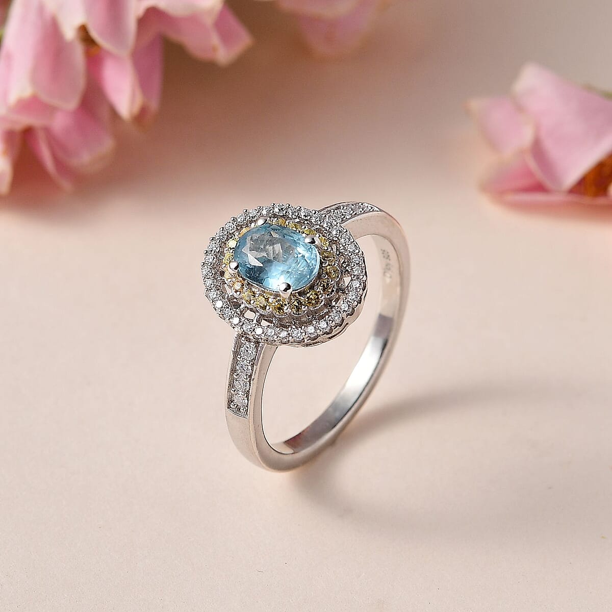 Premium Aqua Kyanite and Multi Gemstone Double Halo Ring in Platinum Over Sterling Silver (Size 6.0) 1.35 ctw image number 1