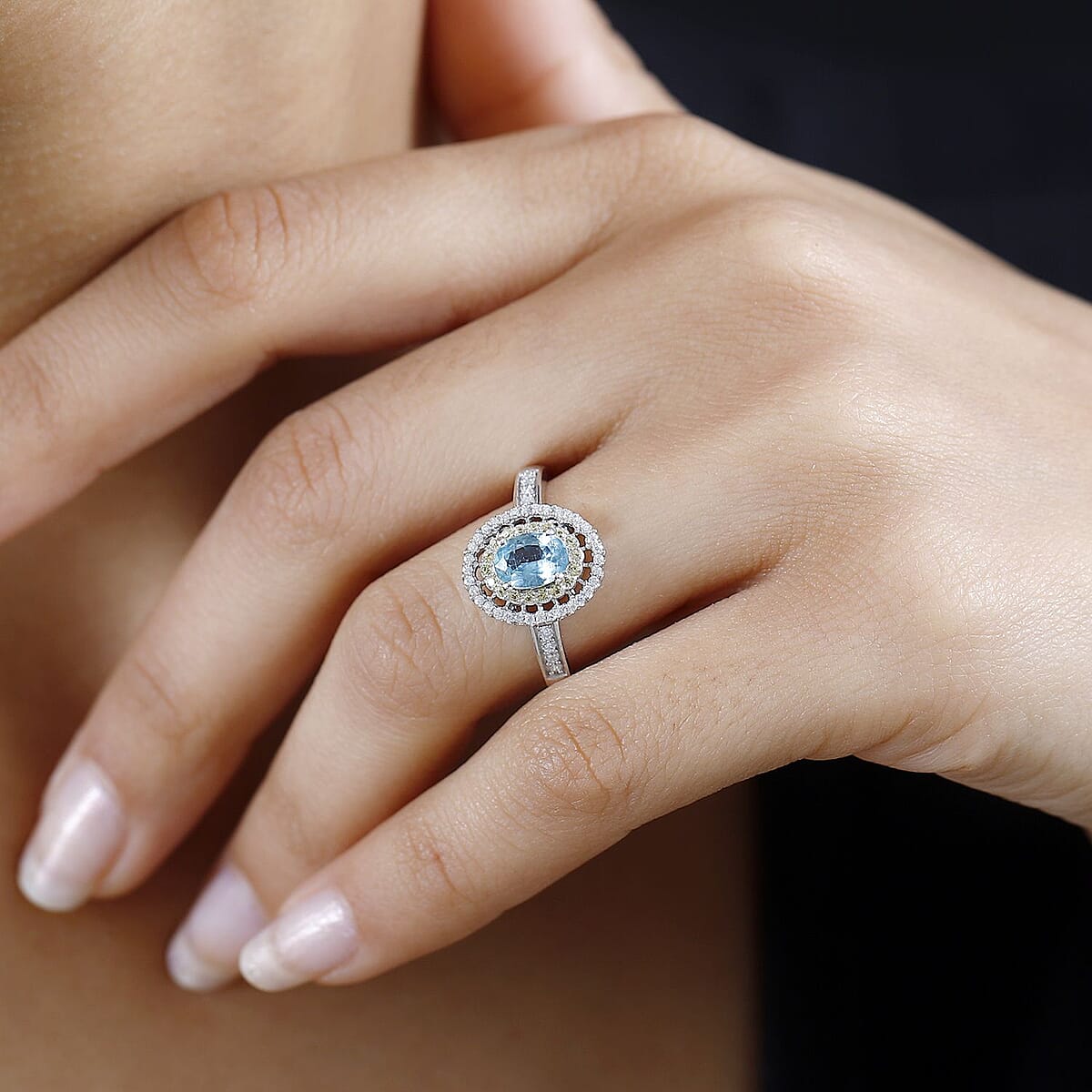 Premium Aqua Kyanite and Multi Gemstone Double Halo Ring in Platinum Over Sterling Silver (Size 8.0) 1.35 ctw image number 2