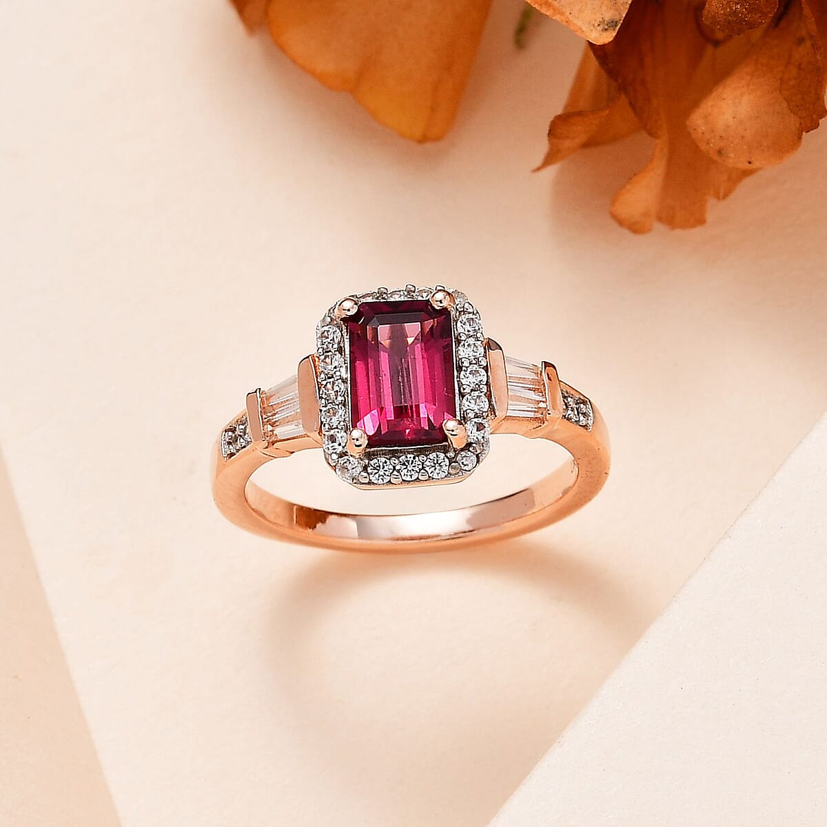 Premium Tanzanian Wine Garnet and White Zircon Halo Ring in Vermeil Rose Gold Over Sterling Silver (Size 7.0) 1.75 ctw image number 1