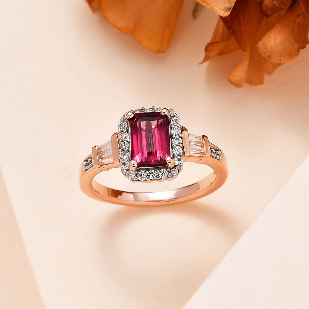 Premium Tanzanian Wine Garnet and White Zircon Halo Ring in Vermeil Rose Gold Over Sterling Silver (Size 9.0) 1.75 ctw image number 1