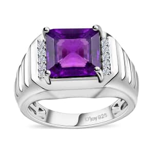 African Amethyst and White Zircon Men's Ring in Platinum Over Sterling Silver (Size 10.0) 5.50 ctw