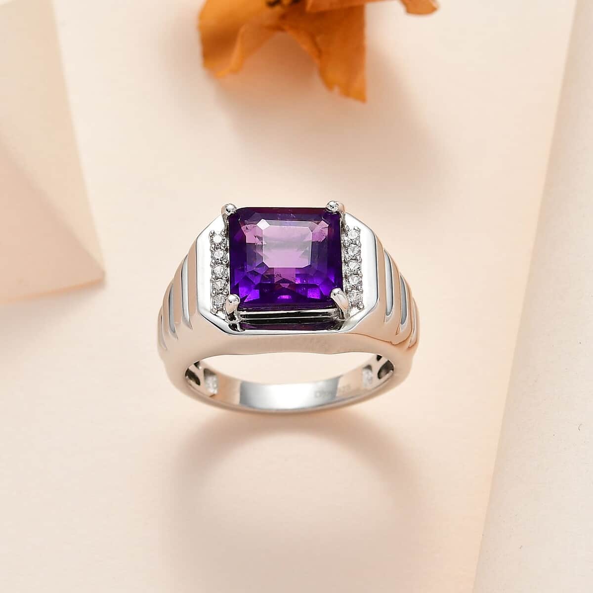 African Amethyst, White Zircon Men's Ring in Platinum Over Sterling Silver (Size 10.0) 5.50 ctw image number 1