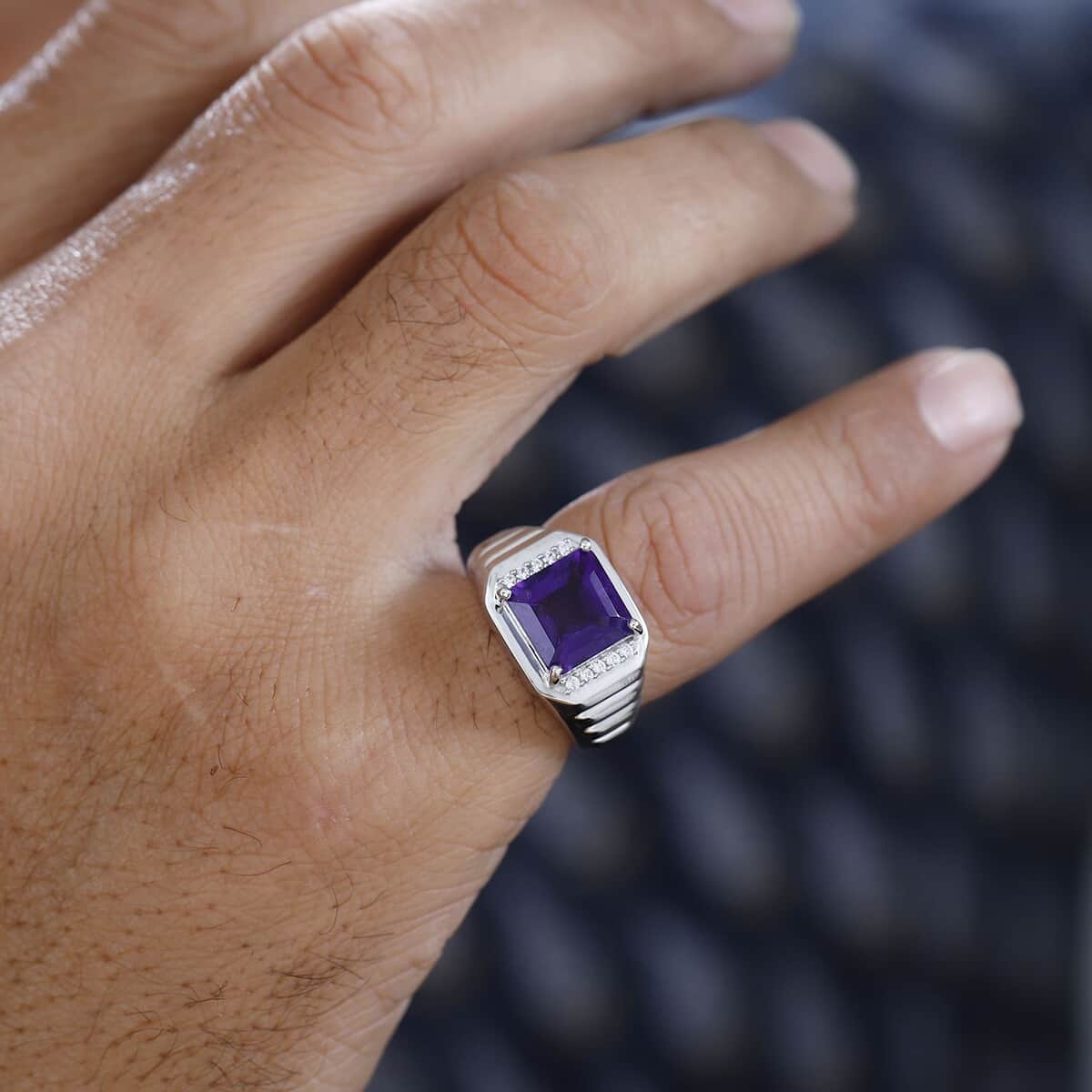 African Amethyst and White Zircon Men's Ring in Platinum Over Sterling Silver (Size 10.0) 5.50 ctw image number 2