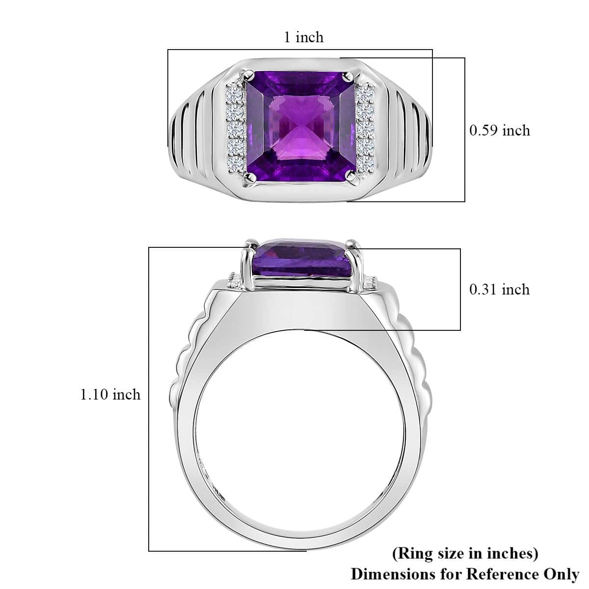 African Amethyst and White Zircon Men's Ring in Platinum Over Sterling Silver (Size 10.0) 5.50 ctw image number 5