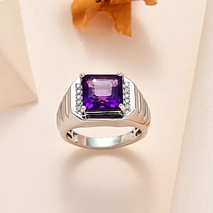 African Amethyst and White Zircon 4.80 ctw Men's Ring in Platinum Over Sterling Silver (Size 12.0)