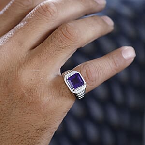 African Amethyst and White Zircon 4.80 ctw Men's Ring in Platinum Over Sterling Silver (Size 12.0)