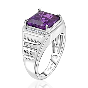 African Amethyst and White Zircon 4.80 ctw Men's Ring in Platinum Over Sterling Silver (Size 12.0)