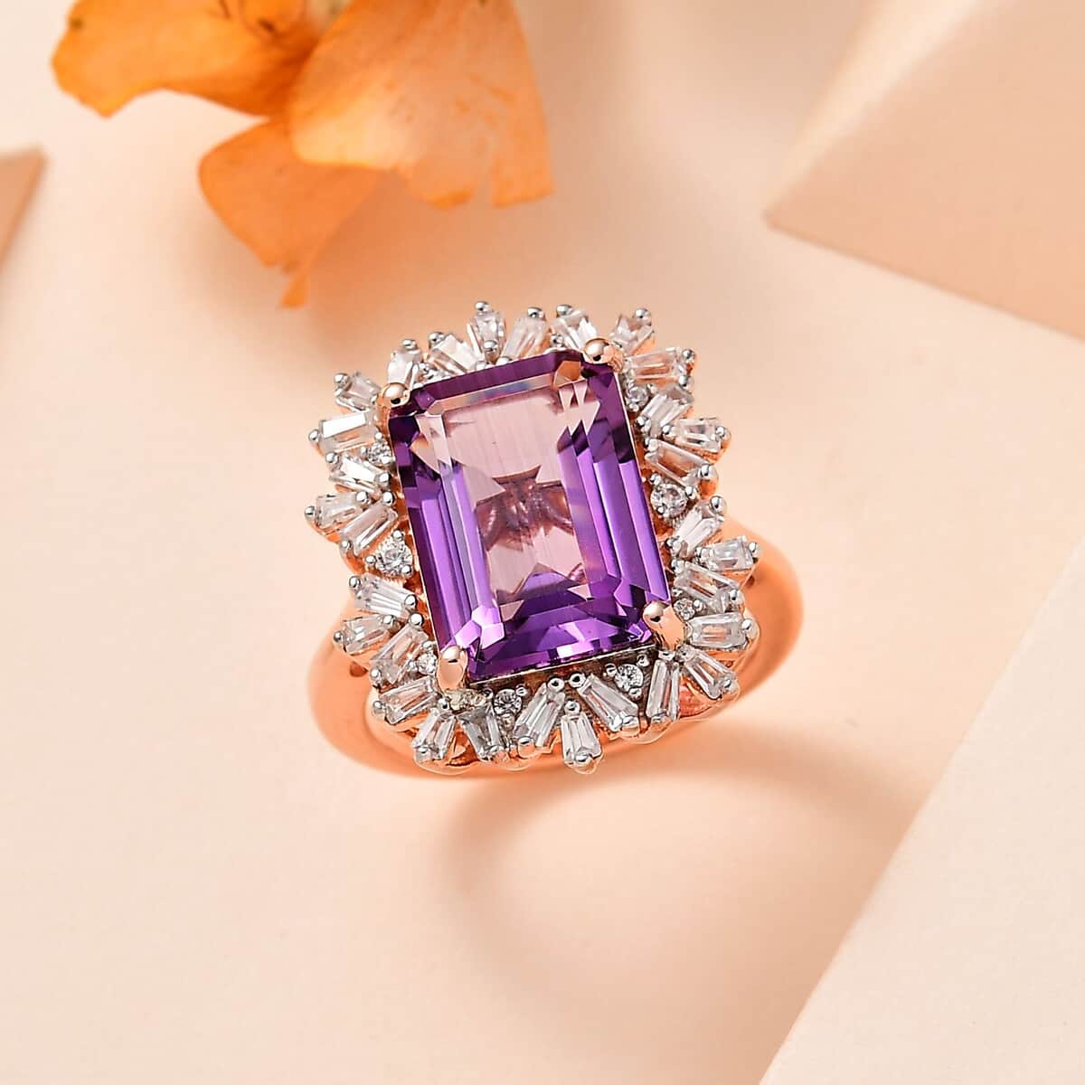 Premium Rose De France Amethyst and White Zircon Halo Ring in Vermeil Rose Gold Over Sterling Silver (Size 10.0) 8.60 ctw image number 1