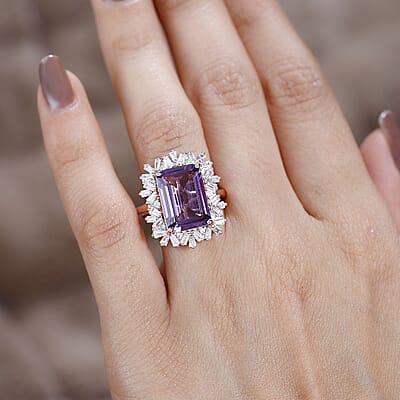Premium Rose De France Amethyst and White Zircon Halo Ring in Vermeil Rose Gold Over Sterling Silver (Size 10.0) 8.60 ctw