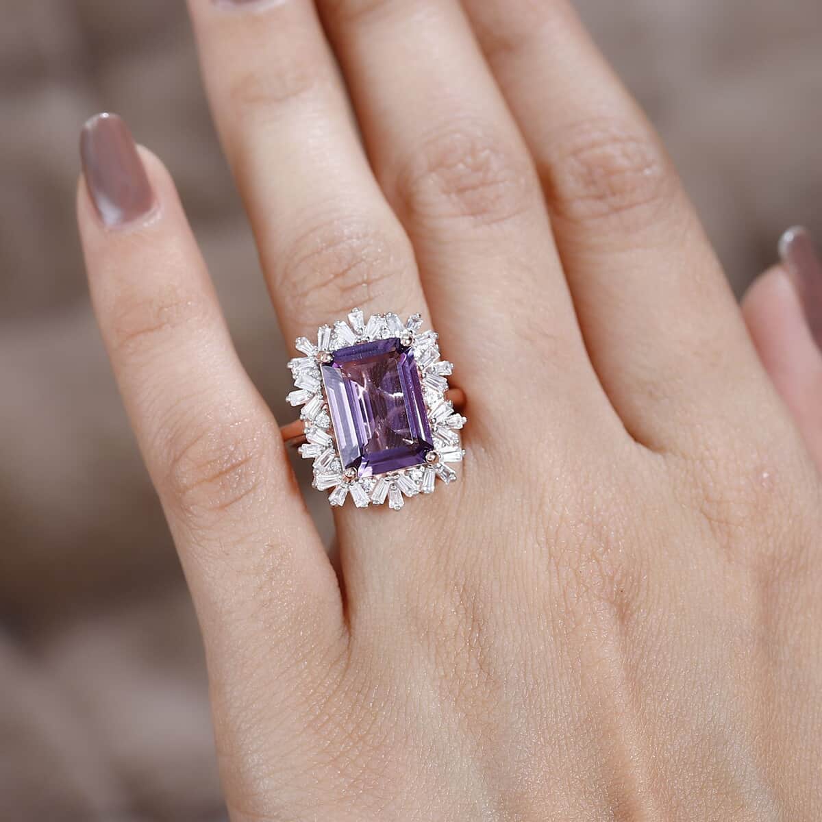 Premium Rose De France Amethyst and White Zircon Halo Ring in Vermeil Rose Gold Over Sterling Silver (Size 10.0) 8.60 ctw image number 2