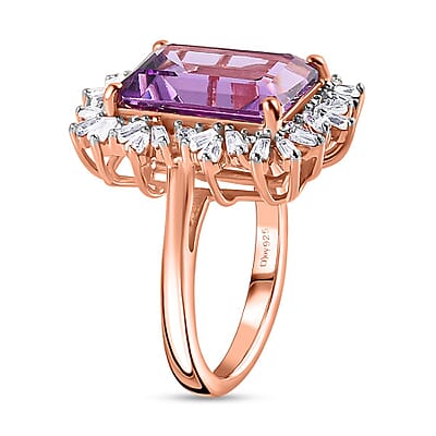 Premium Rose De France Amethyst and White Zircon Halo Ring in Vermeil Rose Gold Over Sterling Silver (Size 10.0) 8.60 ctw