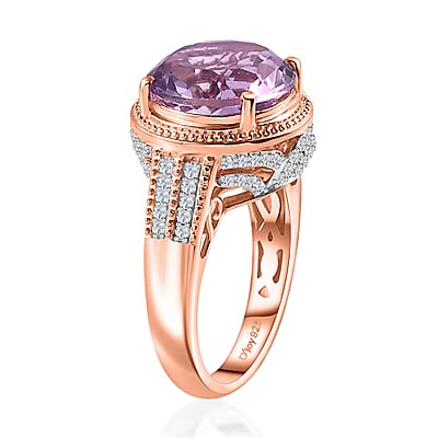 Premium Rose De France Amethyst and White Zircon Ring in Vermeil Rose Gold Over Sterling Silver (Size 10.0) 6.25 ctw