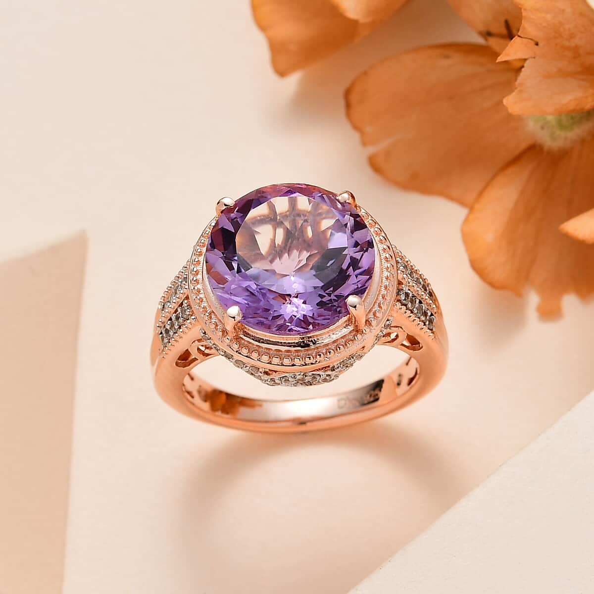 Premium Rose De France Amethyst and White Zircon Ring in Vermeil Rose Gold Over Sterling Silver (Size 7.0) 6.25 ctw image number 1