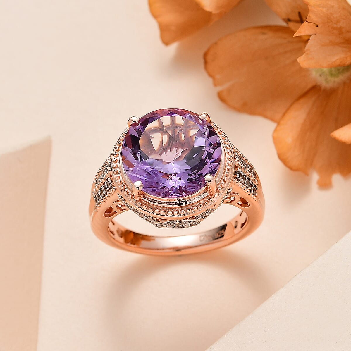 Premium Rose De France Amethyst and White Zircon Ring in Vermeil Rose Gold Over Sterling Silver (Size 9.0) 6.25 ctw image number 1