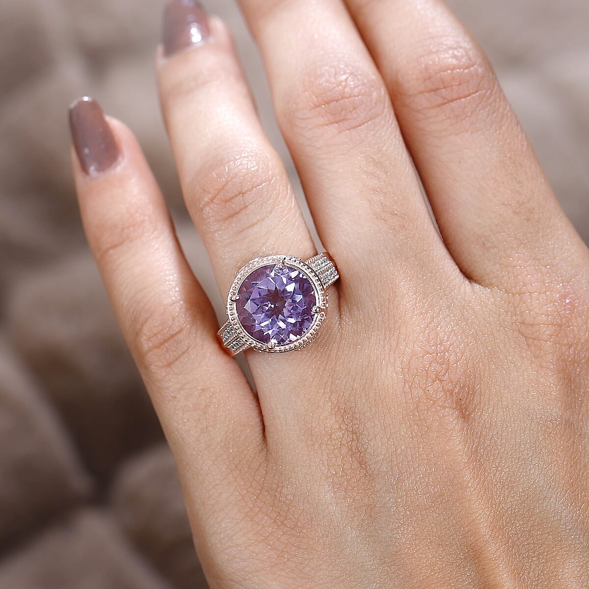 Premium Rose De France Amethyst and White Zircon Ring in Vermeil Rose Gold Over Sterling Silver (Size 9.0) 6.25 ctw image number 2