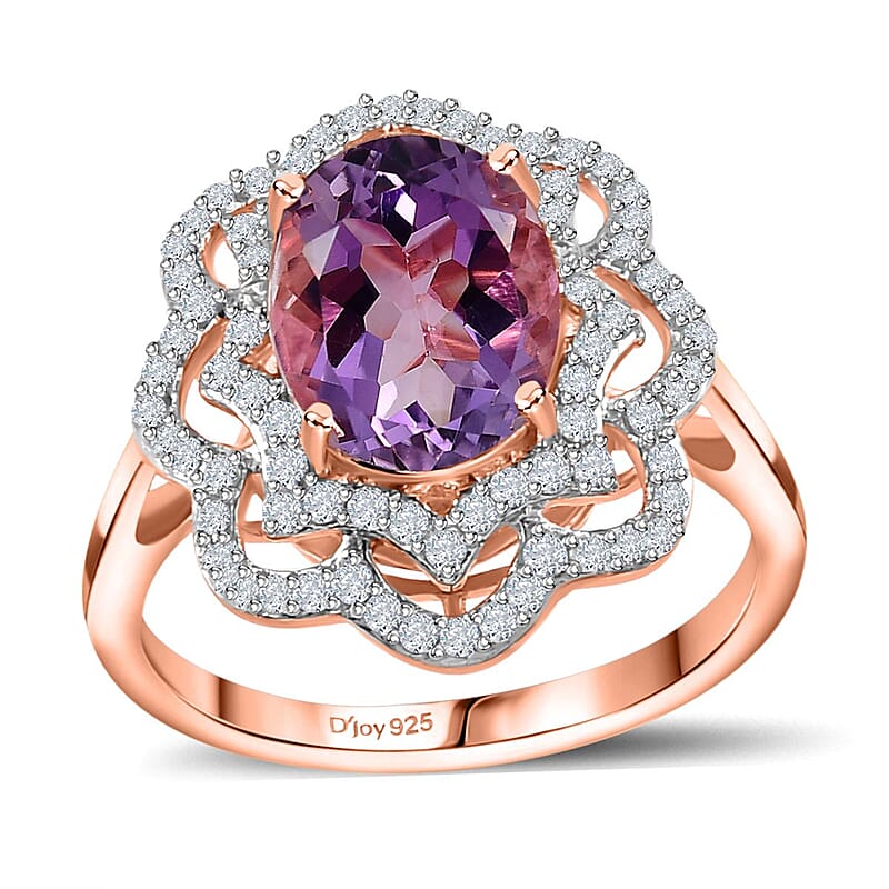 Premium Rose De France Amethyst and White Zircon Ring in Vermeil Rose Gold Over Sterling Silver (Size 10.0) 3.10 ctw