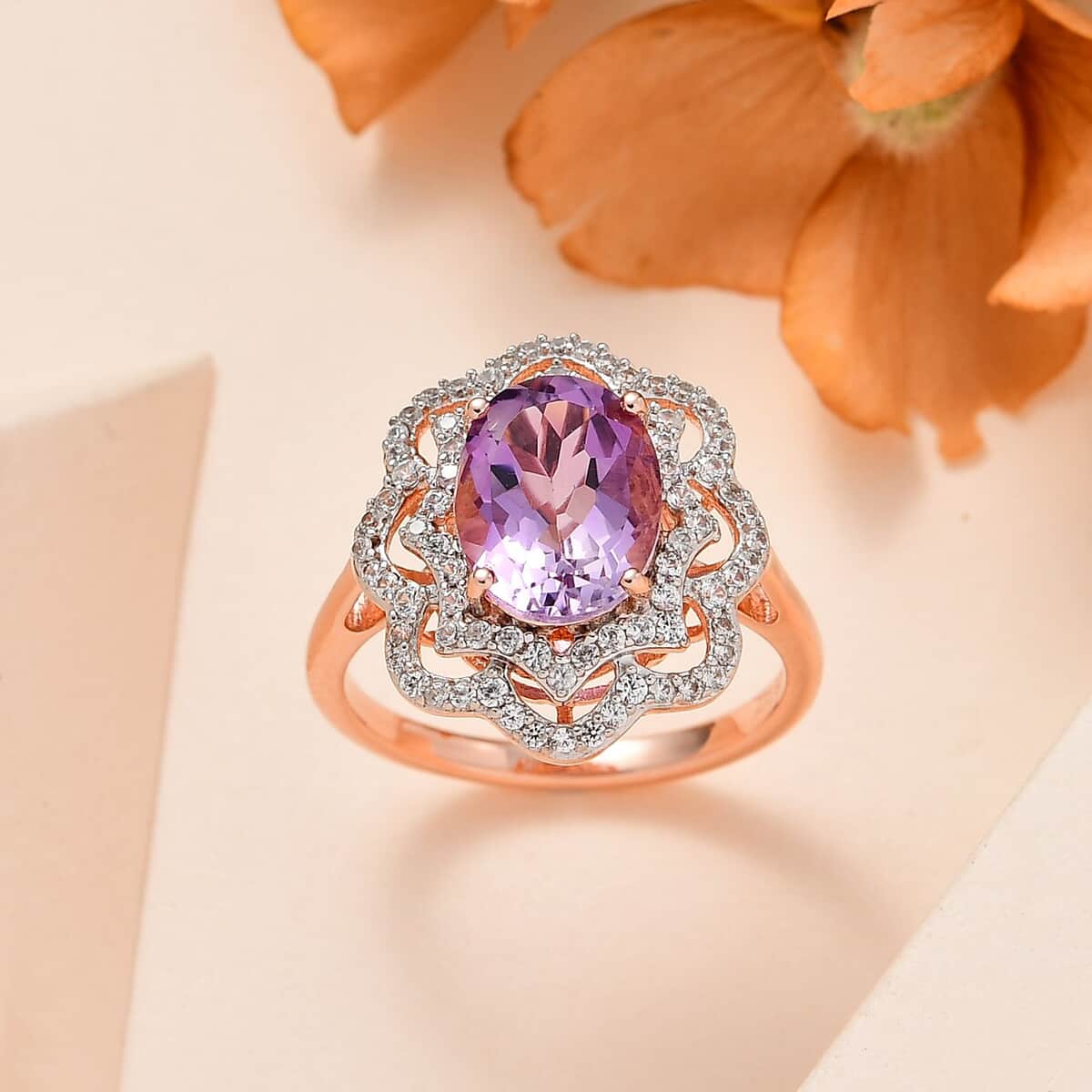 Premium Rose De France Amethyst and White Zircon Ring in Vermeil Rose Gold Over Sterling Silver (Size 10.0) 3.10 ctw image number 1
