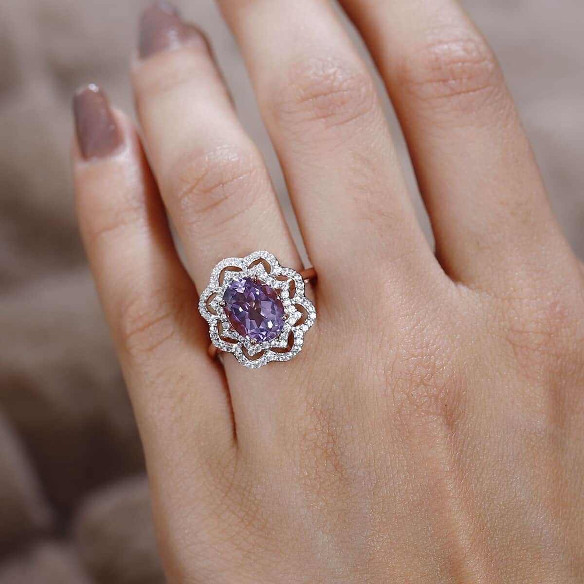 Premium Rose De France Amethyst and White Zircon Ring in Vermeil Rose Gold Over Sterling Silver (Size 10.0) 3.10 ctw image number 2