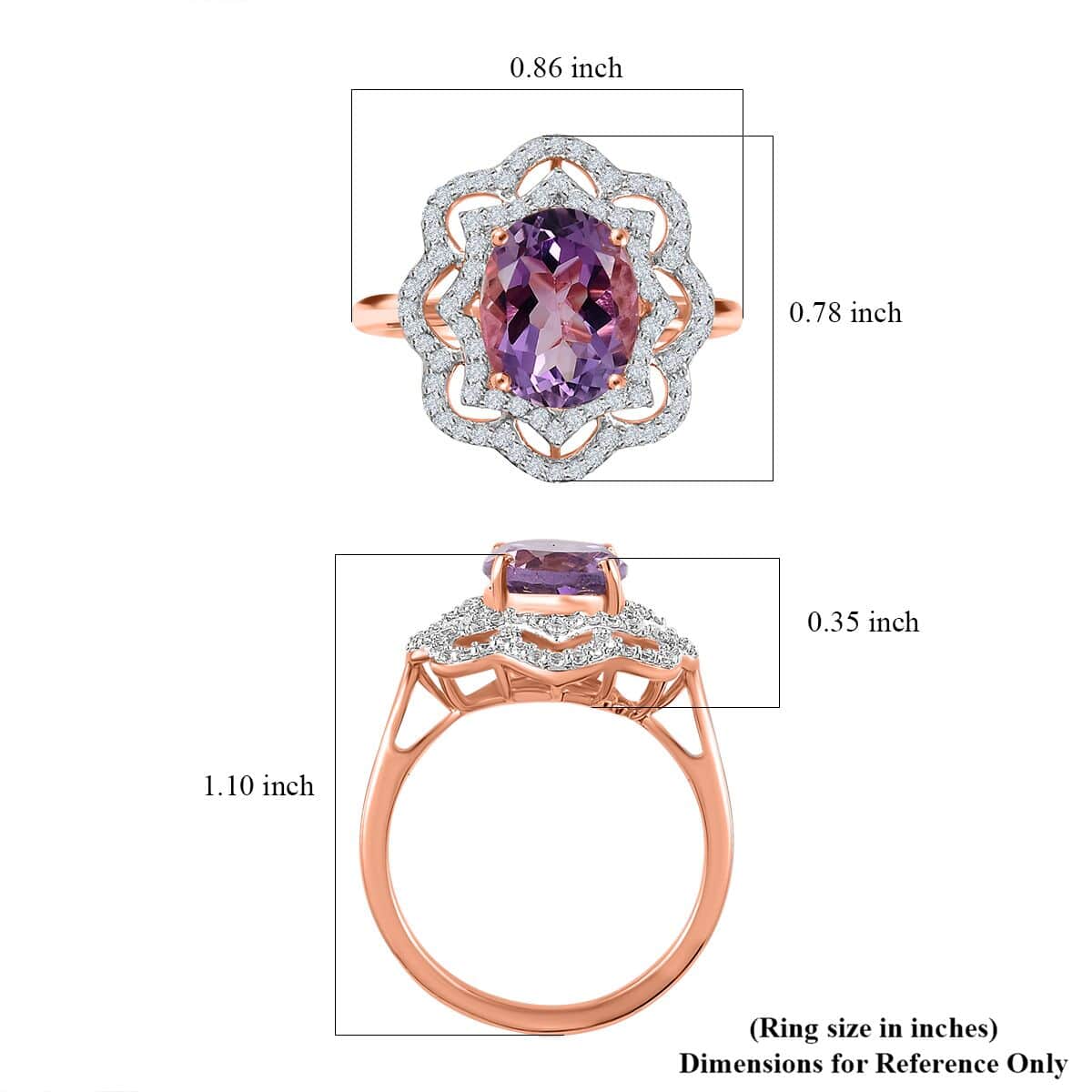 Premium Rose De France Amethyst and White Zircon Ring in Vermeil Rose Gold Over Sterling Silver (Size 10.0) 3.10 ctw image number 5